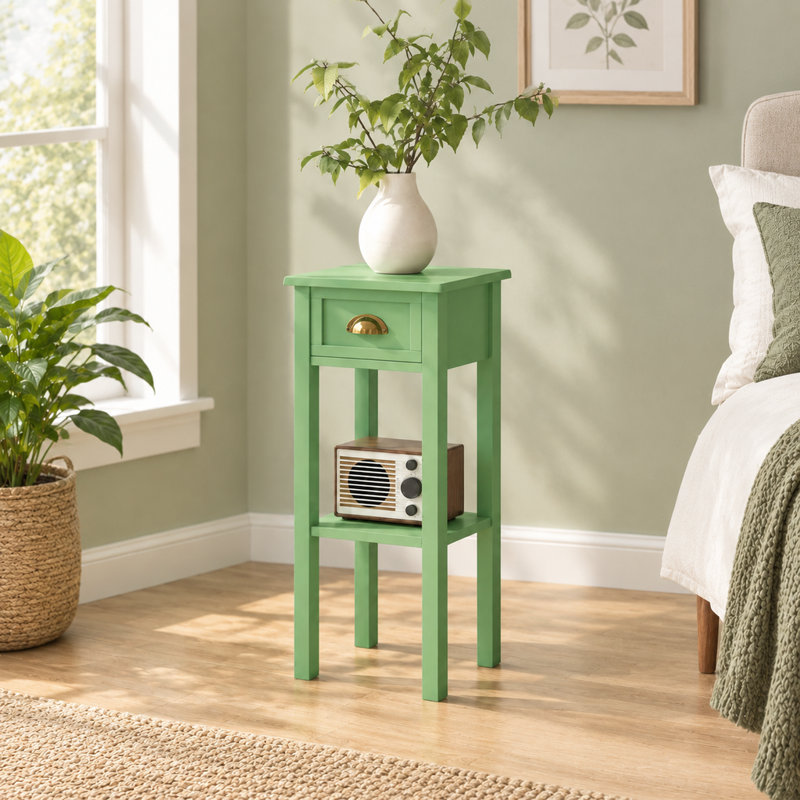Table d'appoint étroite pour petits espaces, table de bout mince avec tiroir et tablette inférieure, gris-vert