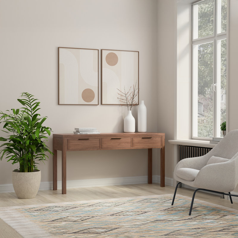 Hollander 60"W Solid Wood Contemporary Console Table With 3-Drawer Storage, Medium Saddle Brown