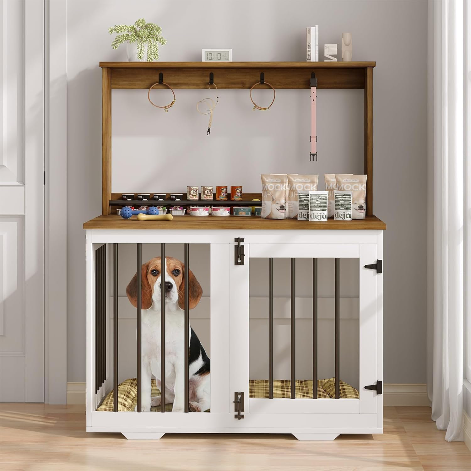 View of Tucker Murphy Pet™ Dog Crate Furniture with Hutch, Wooden Dog Crate ...