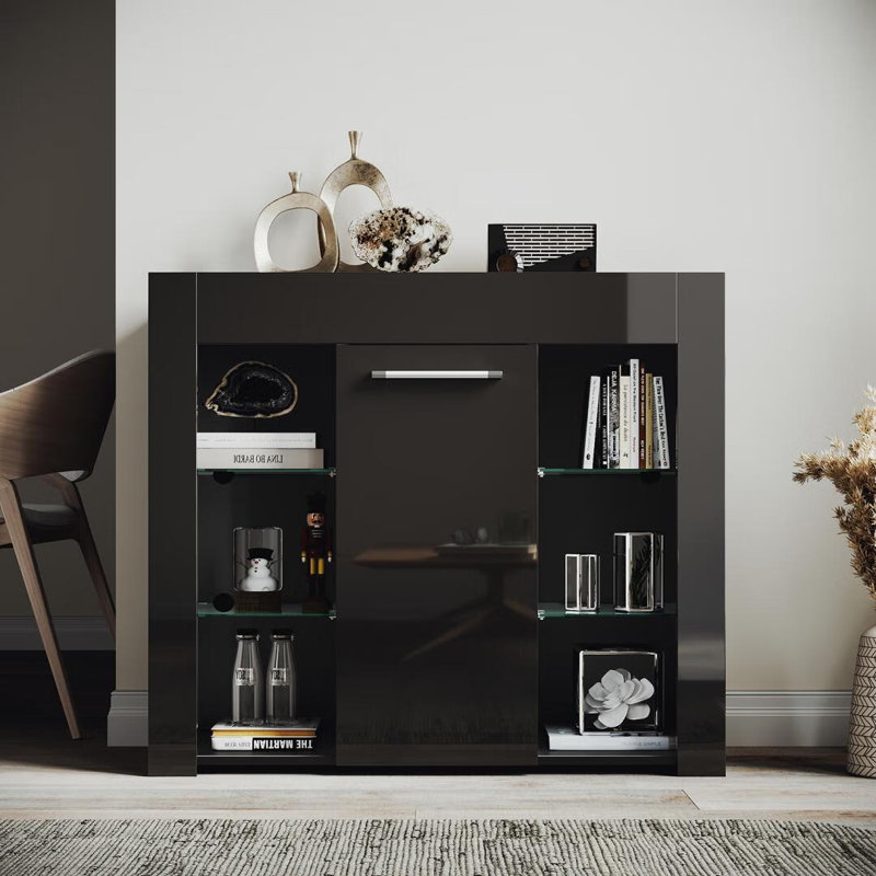 95*35*83cm High Brightness Display Cabinet with LED Colorful Lighting,Adjustable Shelves, Black