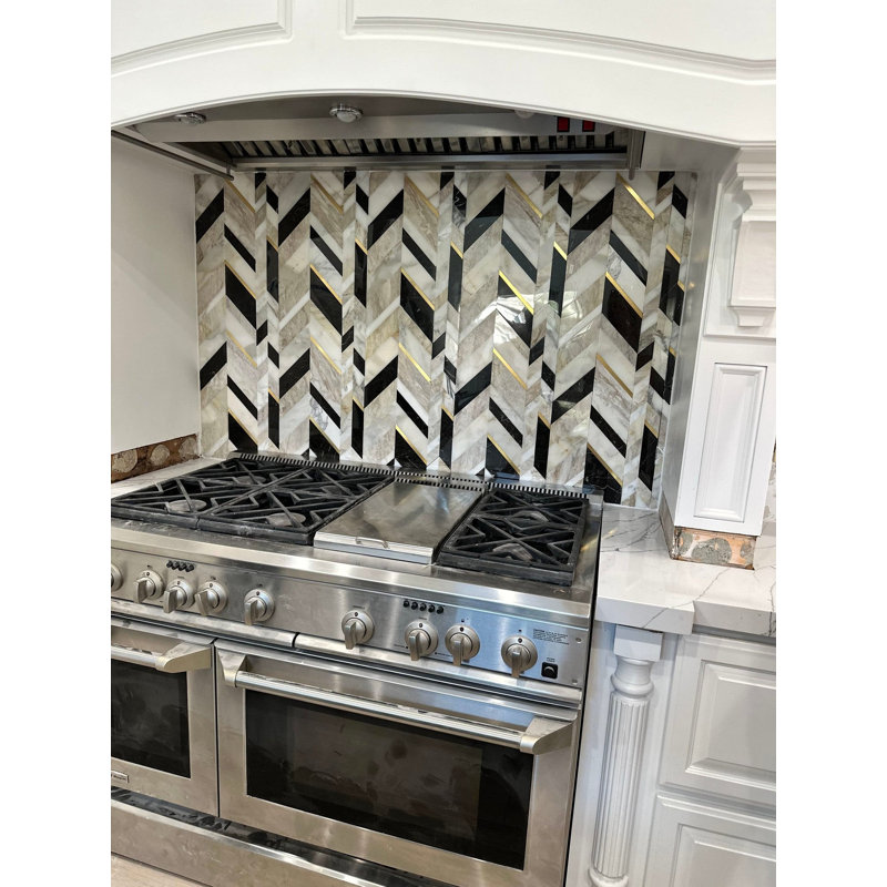 Amari 12x19 Chevron Polished Marble & Aluminum Inlay Mosaic Tile, Saint Laurent