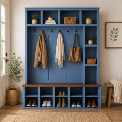 Farmhouse Hall Tree with Storage Bench, 6 Coat Hooks, Adjustable Shelves and 13 Cubbies, 4-in-1 Entryway Shoe Storage Organizer