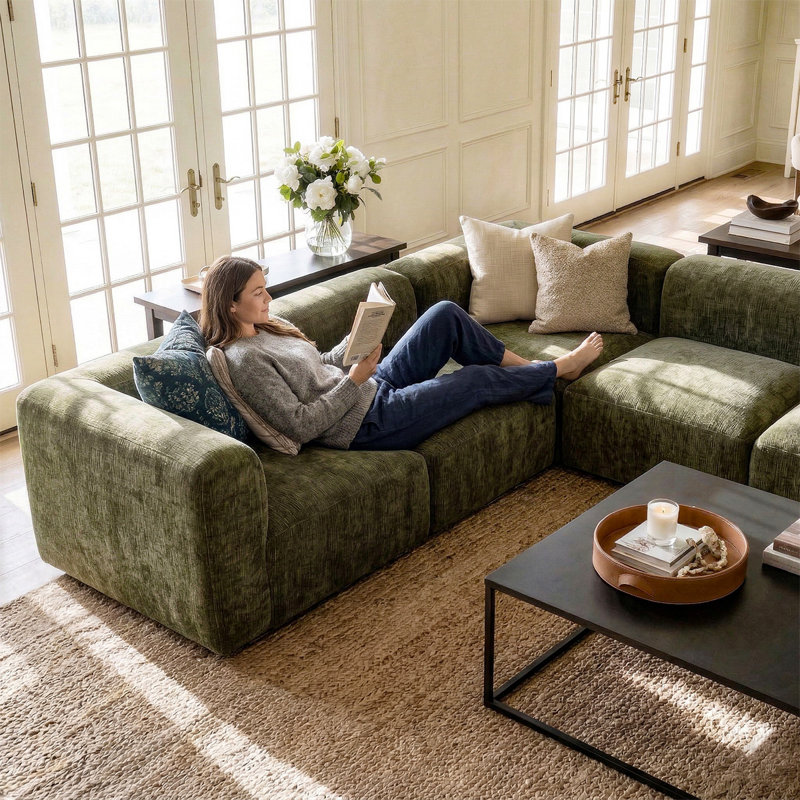 Confesor Chenille Modern L-Shaped Sectional Sofa, Green Chenille