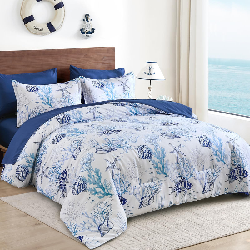 7-Piece Coastal Beach Comforter Set, Ocean Nautical All-Season Bedding, King Comforter + 7 Additional Pieces Included