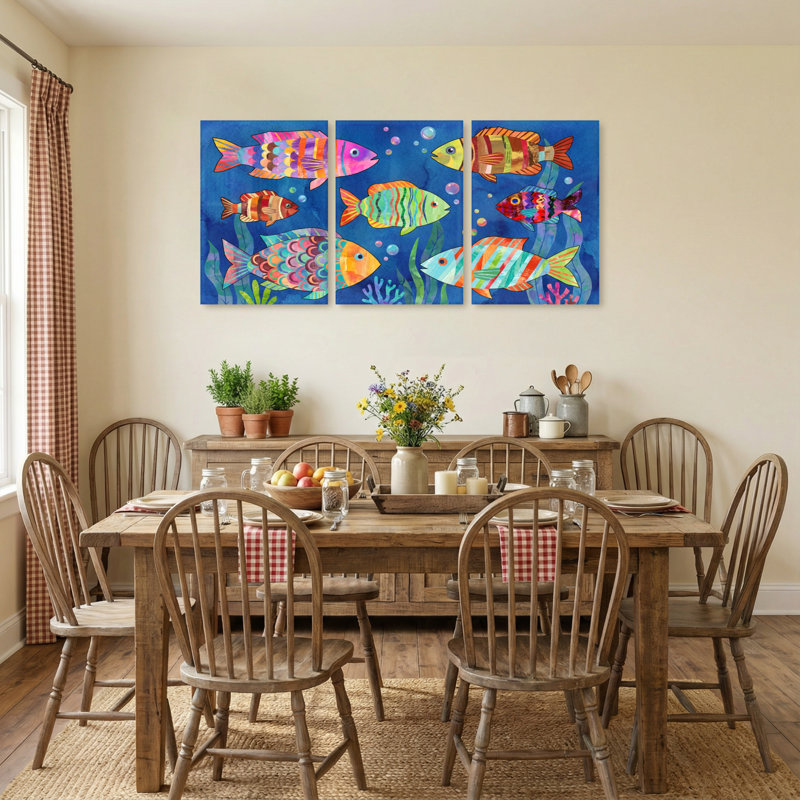 Animals Colorful Fish Underwater Scene Pattern Set of 3 Canvas Wall Art Prints, 30" H x 60" W
