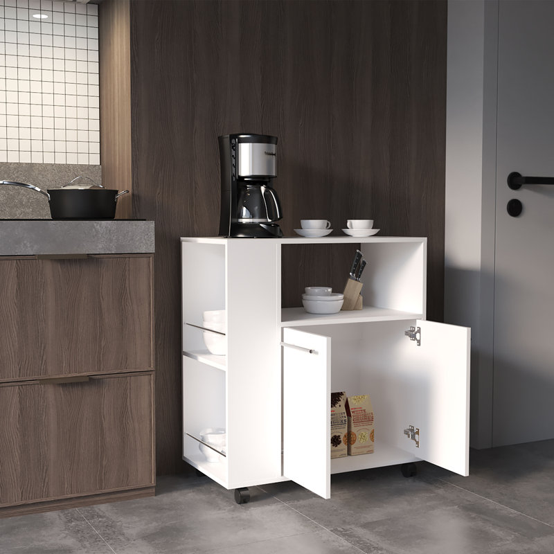 Eldon Two-Door Kitchen Base Cabinet Cart with four Shelves, Side Shelves, Cabinet, Kitchen Storage, White