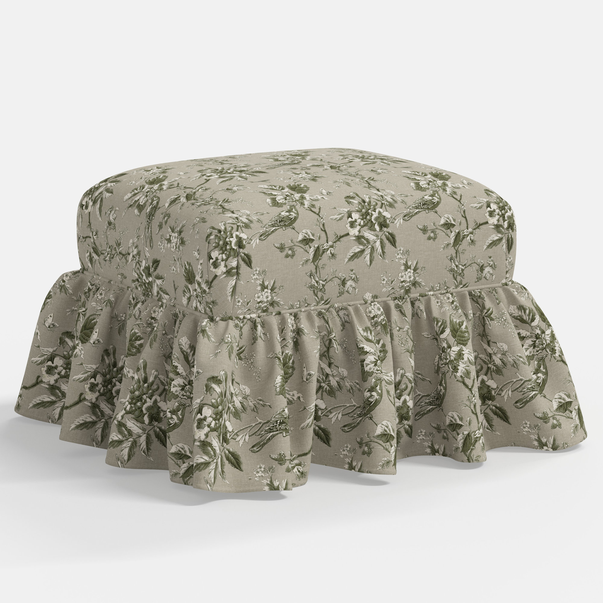 Stoffer Home x Cloth & Company June Ottoman , Michigan Bird Toile Olive