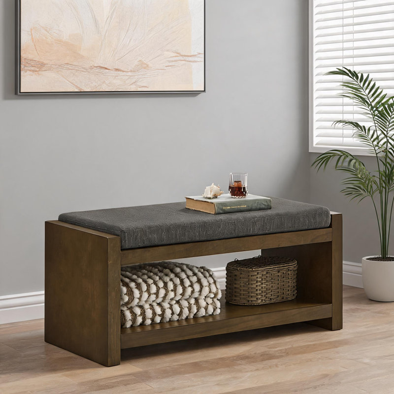 2-Seat 40 Inch Storage Accent Bench, Entryway and Bedroom Seating with Lower Shoe Rack Shelf, Linen Upholstery, Removable Cushion, Granite