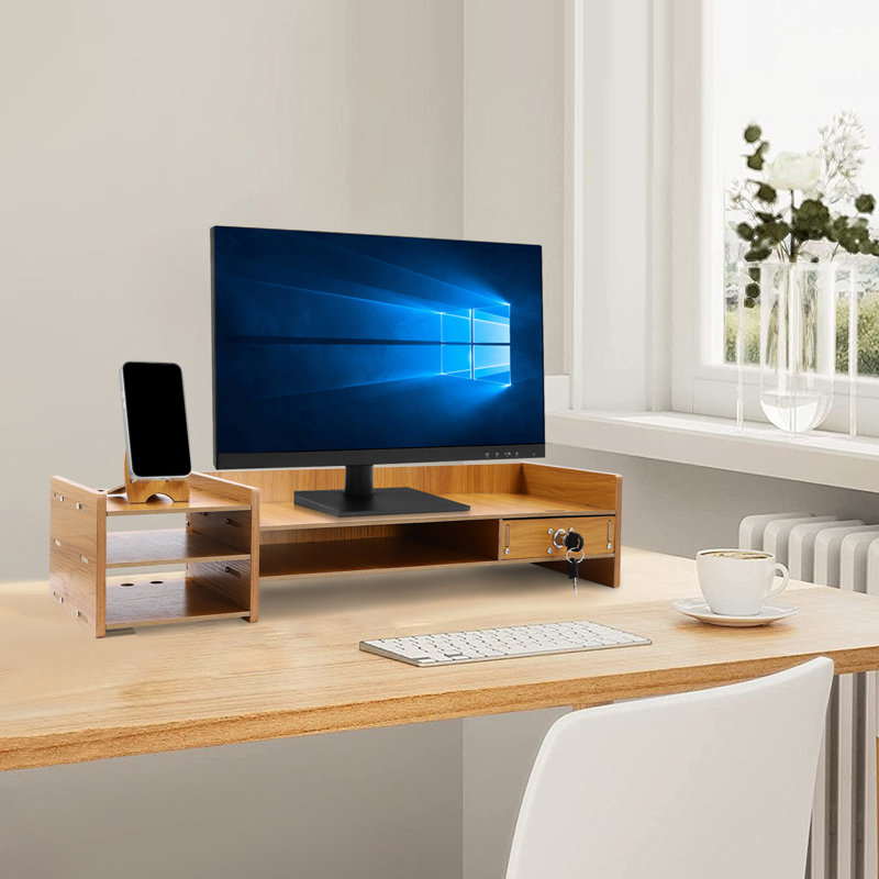 Solid Wood Desk Organizer Set Computer Monitor Stand with Lockable Drawer