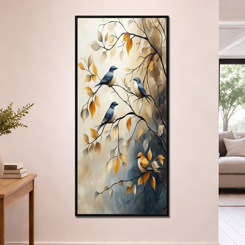 " Songbirds On Autumn Branches ", H 60 po x l 28 po, Cadre flottant noir