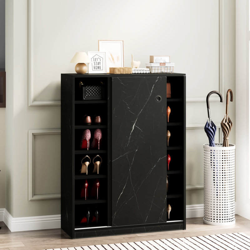 Sliding Door Shoe Cabinet In Marble White, 6 Layers For At Least 30 Pairs Of Shoes 6-Layer With Black Surface And Door, Holds