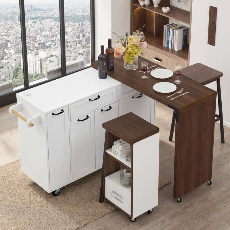 102.3" Extendable Kitchen Island with Dining Table | Rolling Kitchen Cart with Trash Cabinet & 3-Tier Pull-Out Spice Rack | Mobile Island on Wheels with 7 Wheels, 3 Drawers & Adjustable Shelves