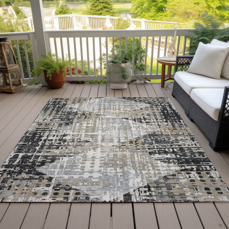Tapis noir intérieur / extérieur lavable à la machine Xhevrie, Rectangle 9 pi x 12 pi
