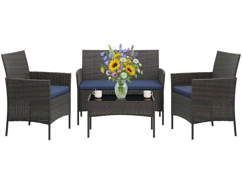 PeakPursuit Patio Furniture Sets 4 Pieces All-Weather Outdoor Furniture PE Rattan Wicker Chairs with Soft Cushion and Glass Coffee Table for Yard Backyard Lawn Porch Poolside Balcony,Blue