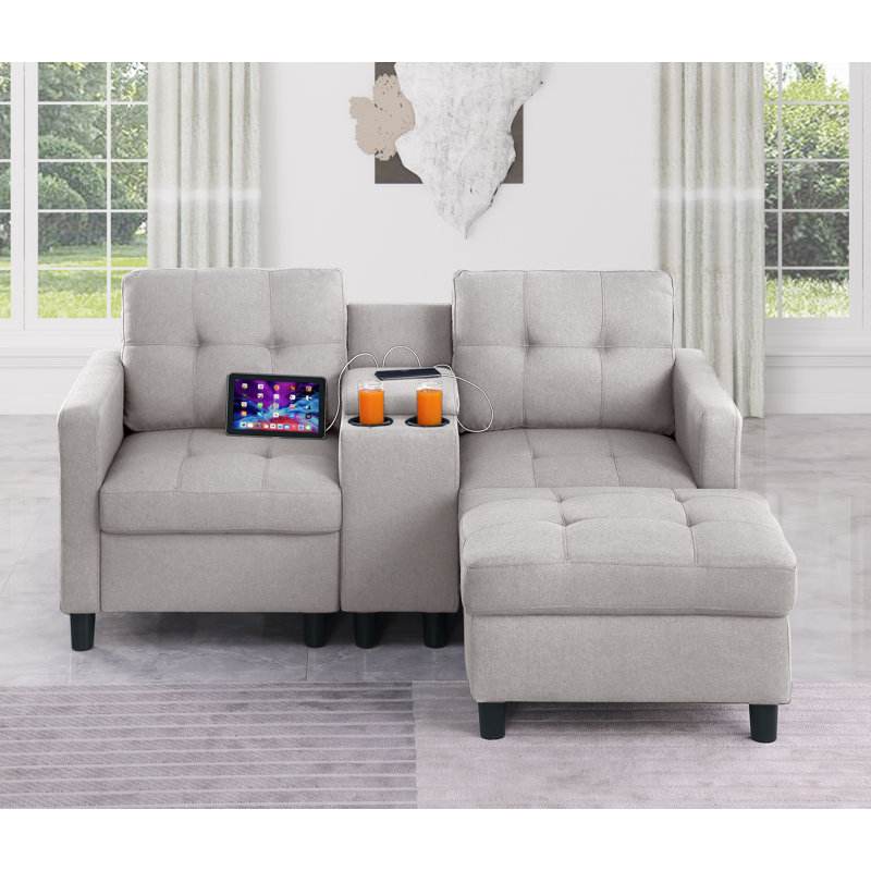 Kentrell 65'' Square Arms Loveseat W/ USB Ports & Storage, Light Gray