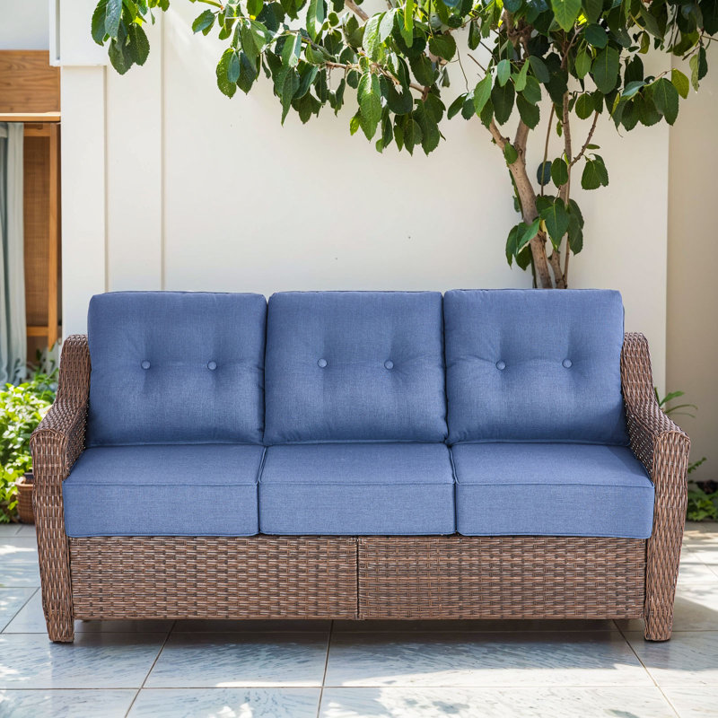Sami 75'' 3-Seat Paito Wicker Sofa With 6-Inch Ultra-Plush Cushions & Water-Resistant Olefin Fabric, Blue