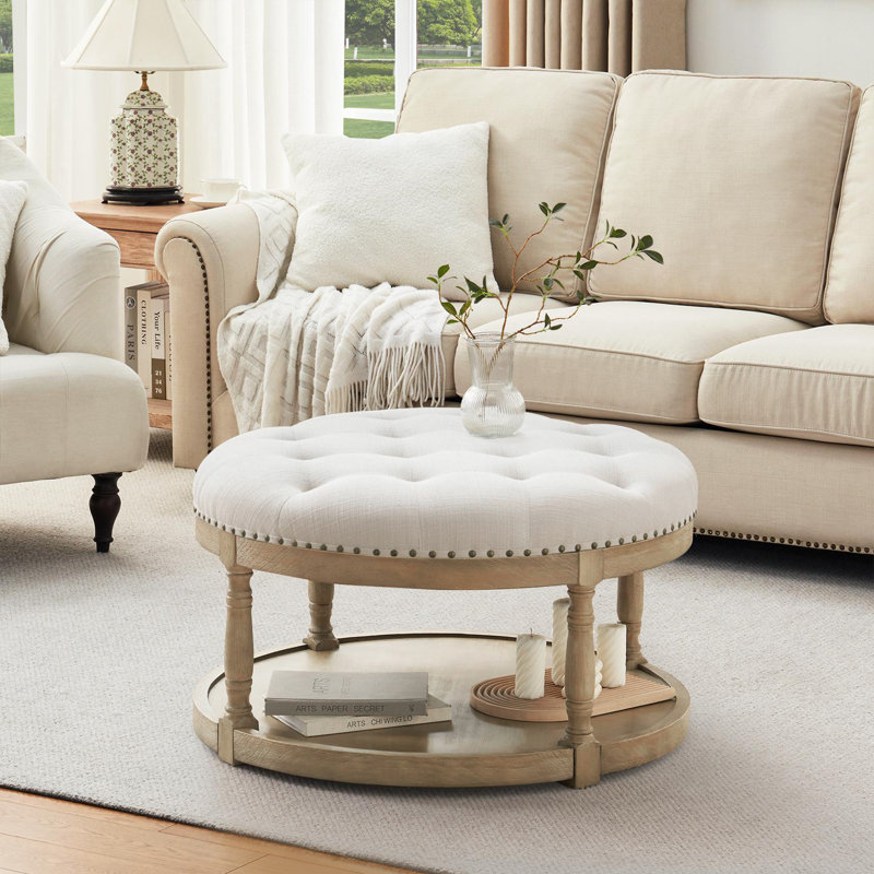 Cristan 33" W Upholstered Round Storage Ottoman, Beige 