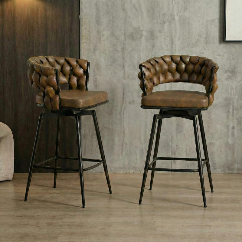 28" Swivel Bar Stools Set Of 2 – Faux Leather Counter Stools With Woven Backrest, Metal Base & Footrest, Brown