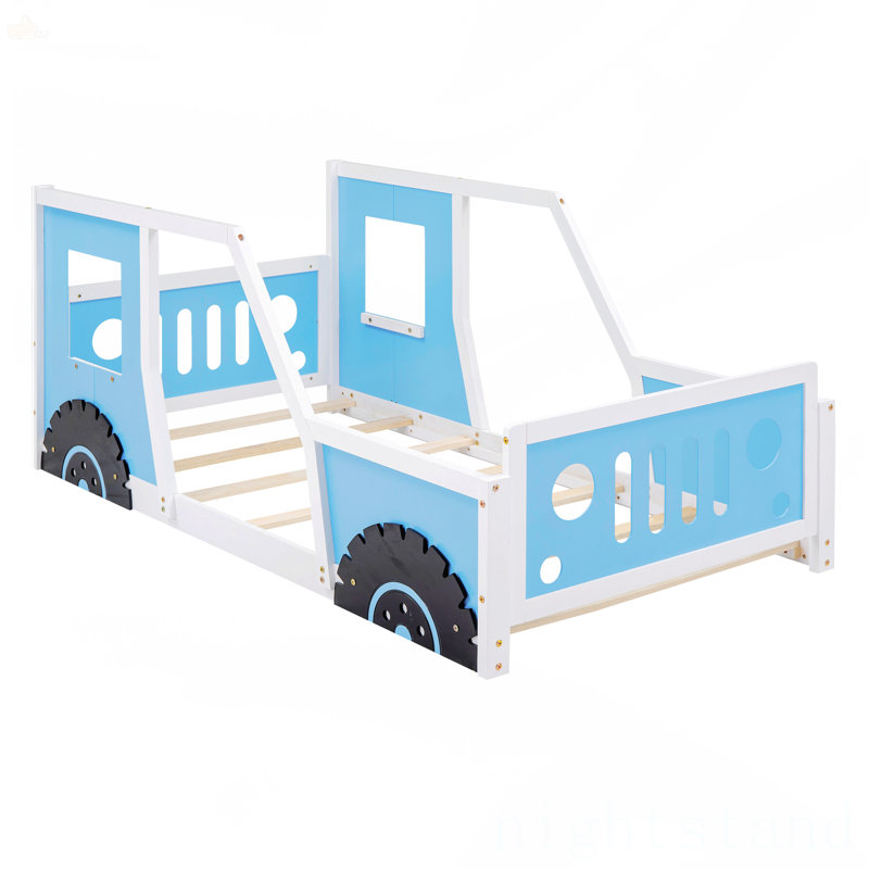 Lit plateforme simple en forme de voiture avec roues, Bleu