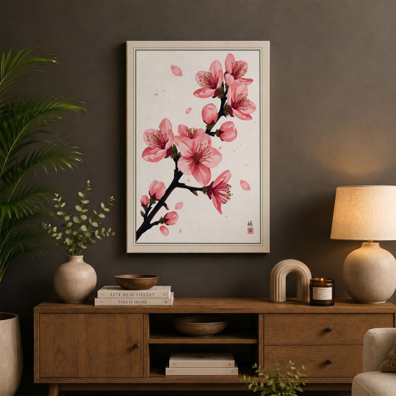 Moonlit Cherry Blossom Japandi - Wrapped Canvas, 36x24 - 91.4 x 61.0 cm, Sage Border
