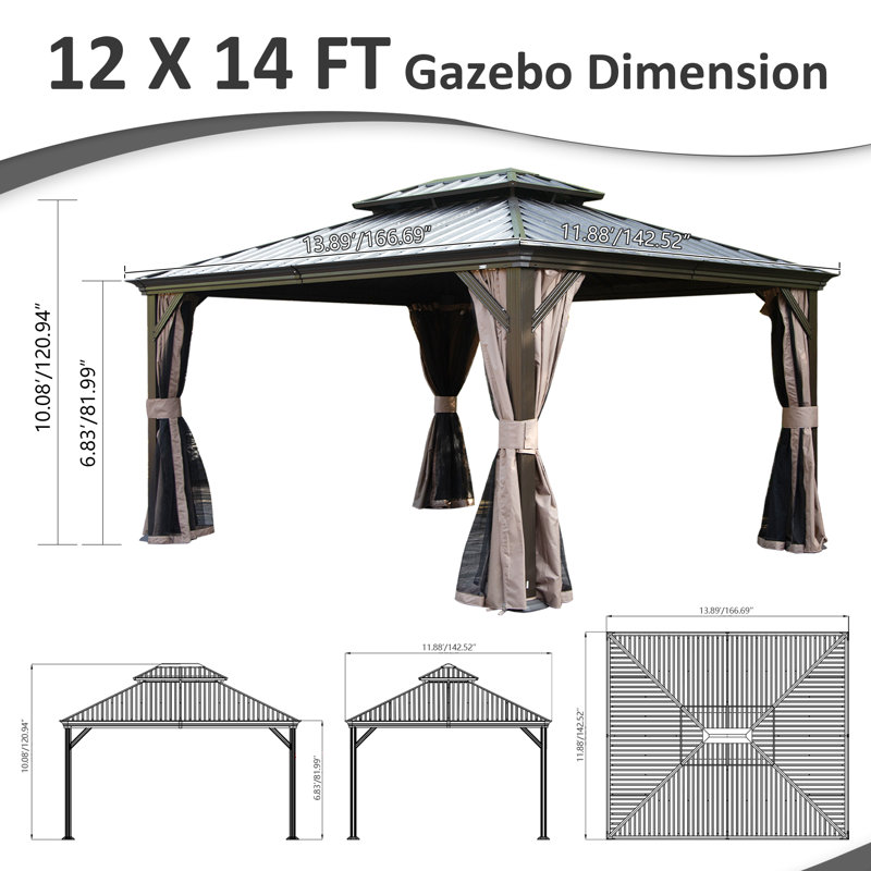 14 Ft. W x 12 Ft. D Galvanized Steel Patio Gazebo with Double Roof, Brown