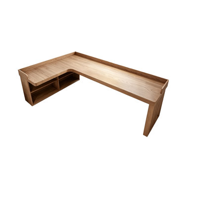 Brown L-shaped Corner Solid Wood Desk, Minimalist Pine Wood with Storage Cabinet Design, Large Capacity Storage Writing & Office Desk