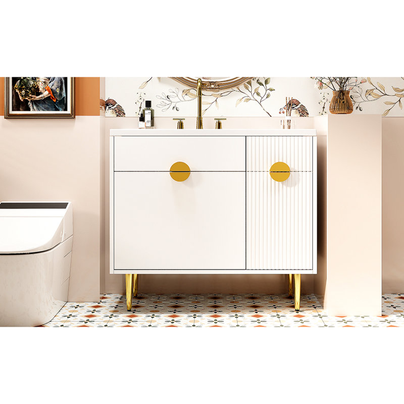 Meuble-lavabo de salle de bain moderne de 36 po, lavabo en résine, grand abattant, rangement, surface lisse, meuble-lavabo contemporain compatible avec robinet de 8 po, porte spacieuse, trou de déversement en surface