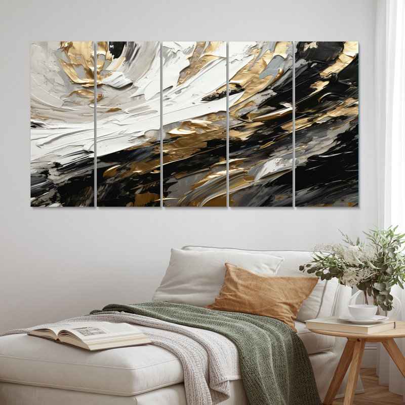 Exquis Darling Gold, vague abstraite sur fond noir - reproduction d'art abstrait abstrait - 5 panneaux égaux