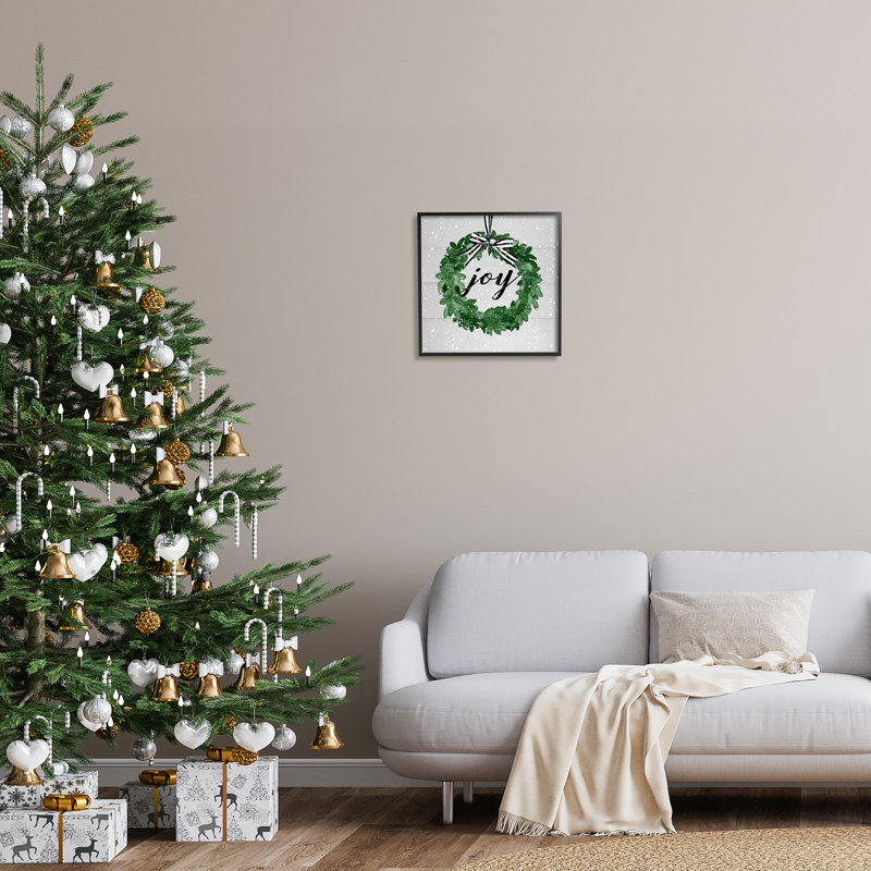 Joy, sentiment, vert, hiver, feuille, couronne, neige, motif gris, surdimensionné, rustique, H 17 po x l 17 po x P 1,5 po