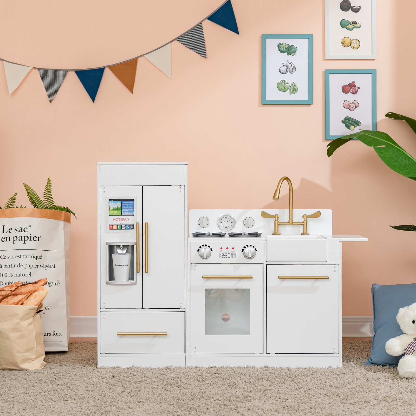 Teamson Kids Little Chef Charlotte Wooden Modular Play Kitchen with Refrigerator, Stove & Sink, White