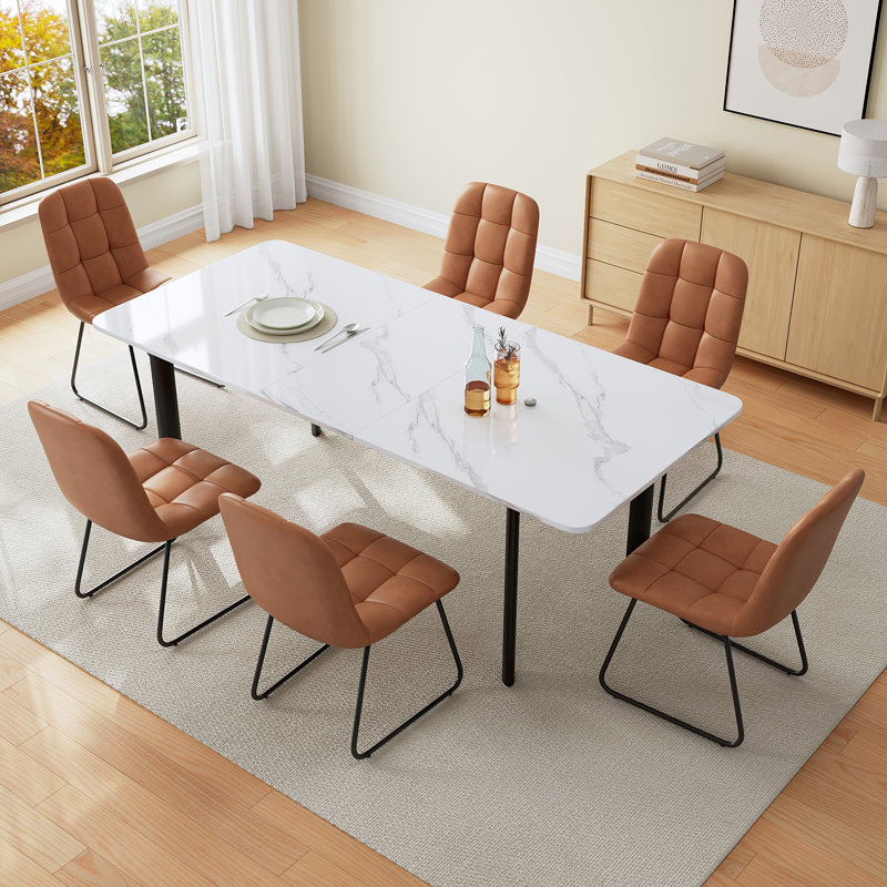 7 Piece Mdf Dining Table Set, Extendable Rectangular Table , Modern Kitchen Dining Table Set, Dining Table With 6 Dining Chairs