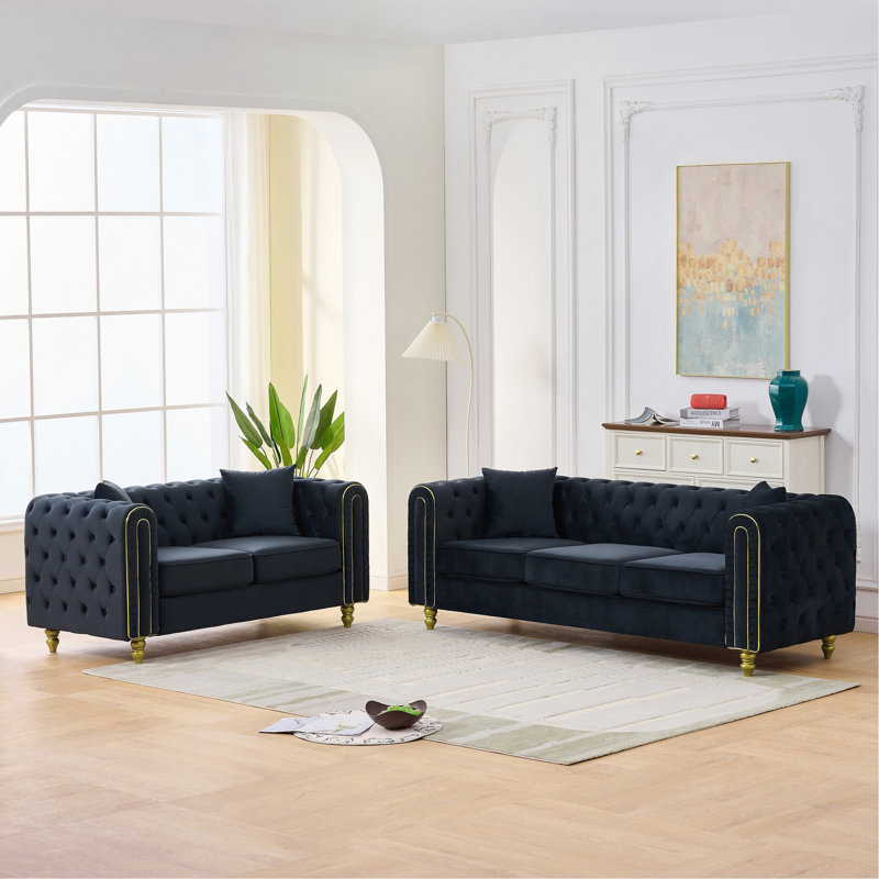 Canapé 3 places + 2 places moderne, 3 + 2 places Canapé confortable en velours à boutons capitonnés, accoudoirs roulés et pieds dorés, Chesterfield pour espace de vie principal
