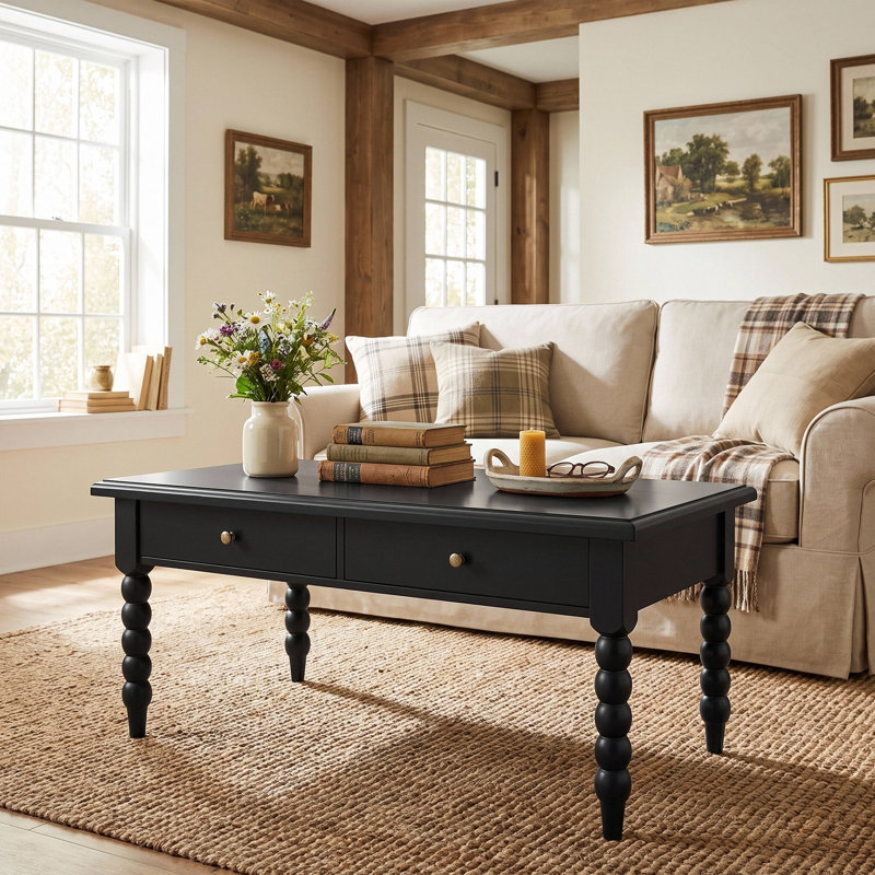 W40" X D22.2" Rectangular Wooden Coffee Table With Storage Drawers, Vintage Cocktail Table With Solid Wood Gourd-Shaped Legs For Living Room