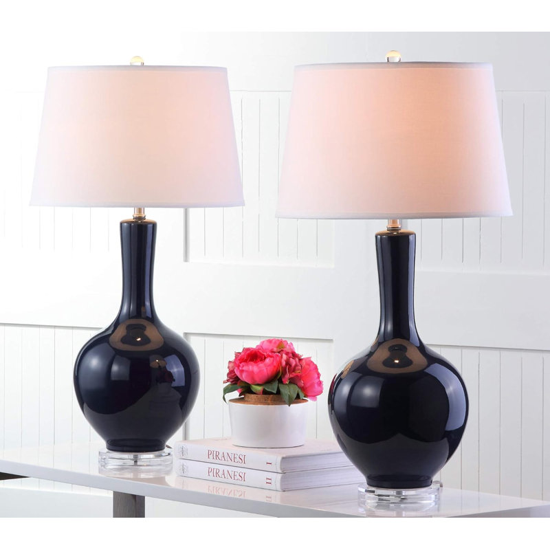 Blanche Navy Ceramic Table Lamp Set with White Cotton Shade