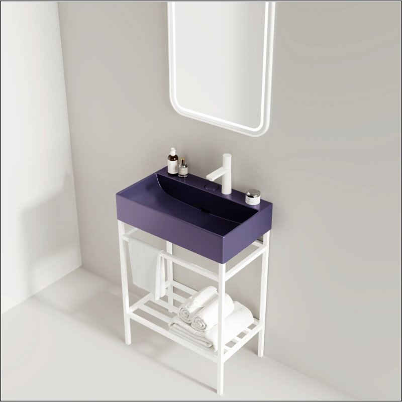 Meuble-lavabo 24 po avec lavabo en céramique, ensemble de lavabo console sur pied, lavabo rectangulaire en céramique sans robinet, pieds en métal ouverts, tablettes de rangement, blanc