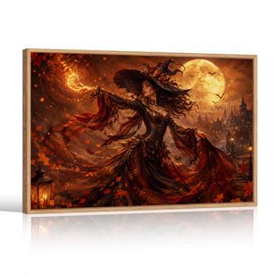 «Witch Casting Fireball Spell Near Spooky Castle», art mural sur toile