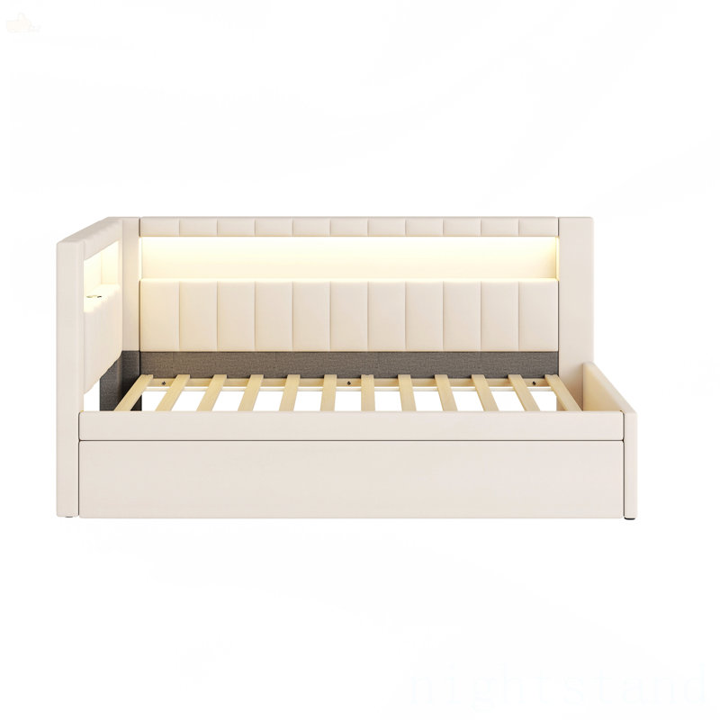 Lit plateforme tapissier simple avec ports USB et ceinture à DEL, Simple, Blanc
