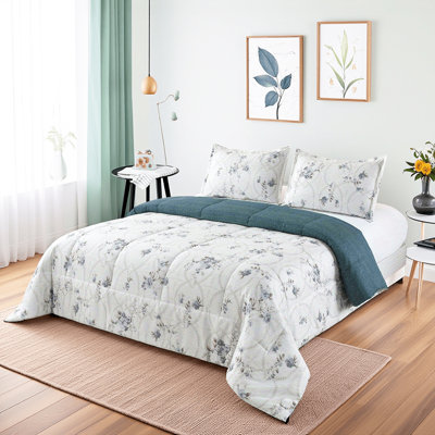 Ensemble d'édredon 2 pièces pour lit simple, ensemble d'édredon à motif floral mignon pour toutes les saisons, ensemble de courtepointe réversible douce et respirante avec 1 édredon à fleurs botaniques blanches et 1 taie d'oreiller, lit dans un sac, lavable à la machine, excellent cadeau