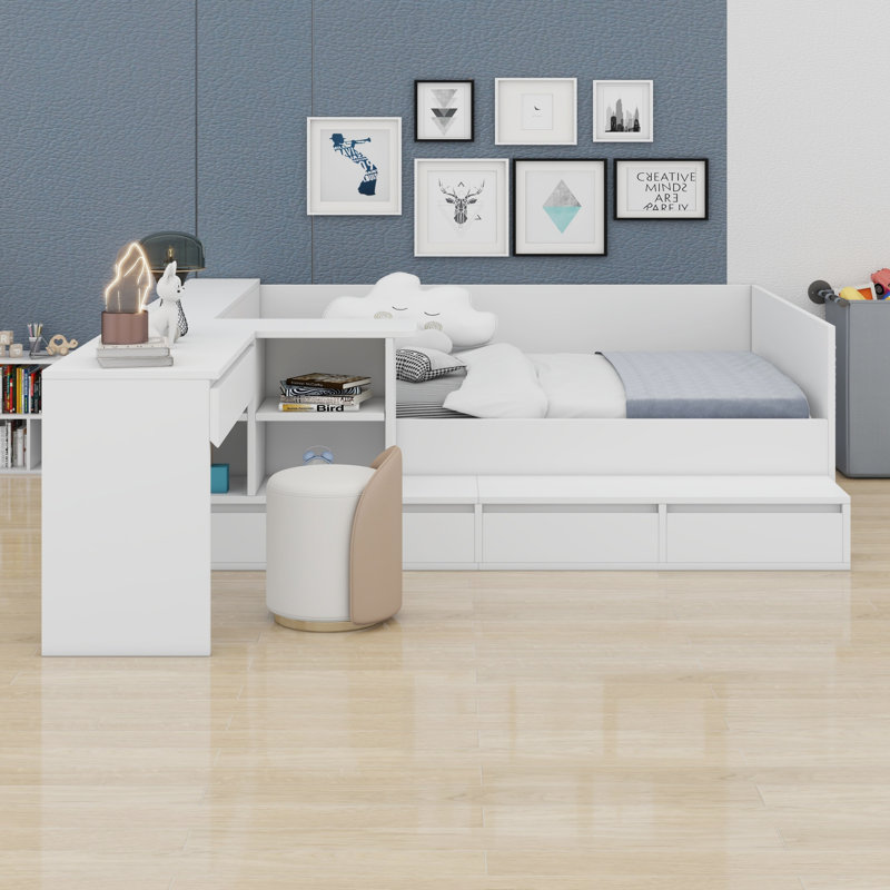 Lit plateforme en bois avec tiroirs, tablettes et coiffeuse, Blanc