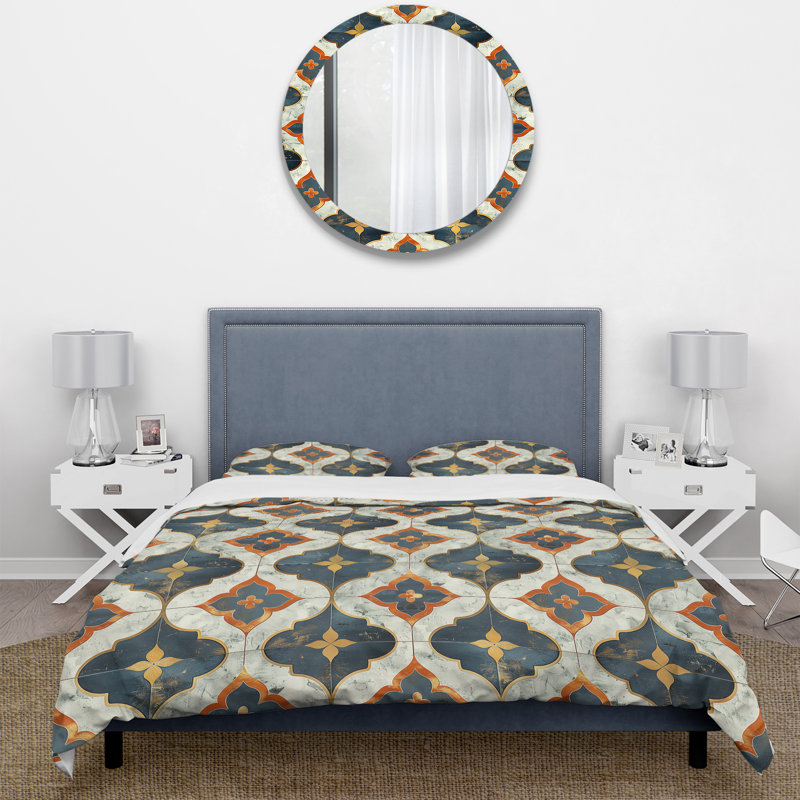 Blue and Gold Rustic Tile I - Ensemble de housse de couette Farmhouse, Housse de couette très grand + 2 taies décorativ