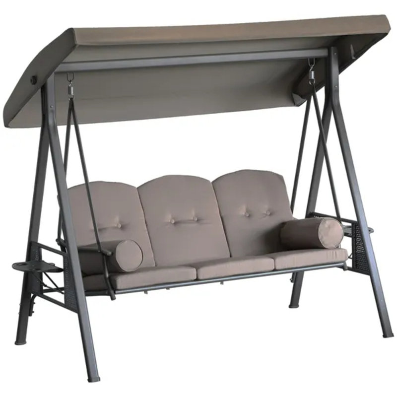 Balancelle de patio pour 3 personnes avec auvent en acier et coussins latéraux confortables brun, Brown