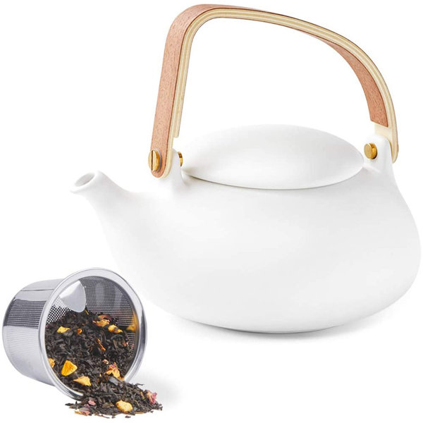 Teapot with Infuser,Matte Ceramic Japanese Tea Pot for Loose Leaf Tea, 27 Ounces Porcelain Teapots White for Women Gift with Modern Bentwood Handle or