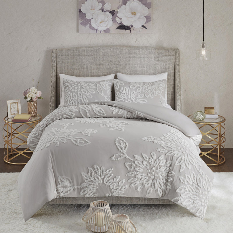 Ensemble d'édredon 3 pièces à motif floral en chenille gris foncé / blanc, Gris, Édredon double et 2 taies décoratives