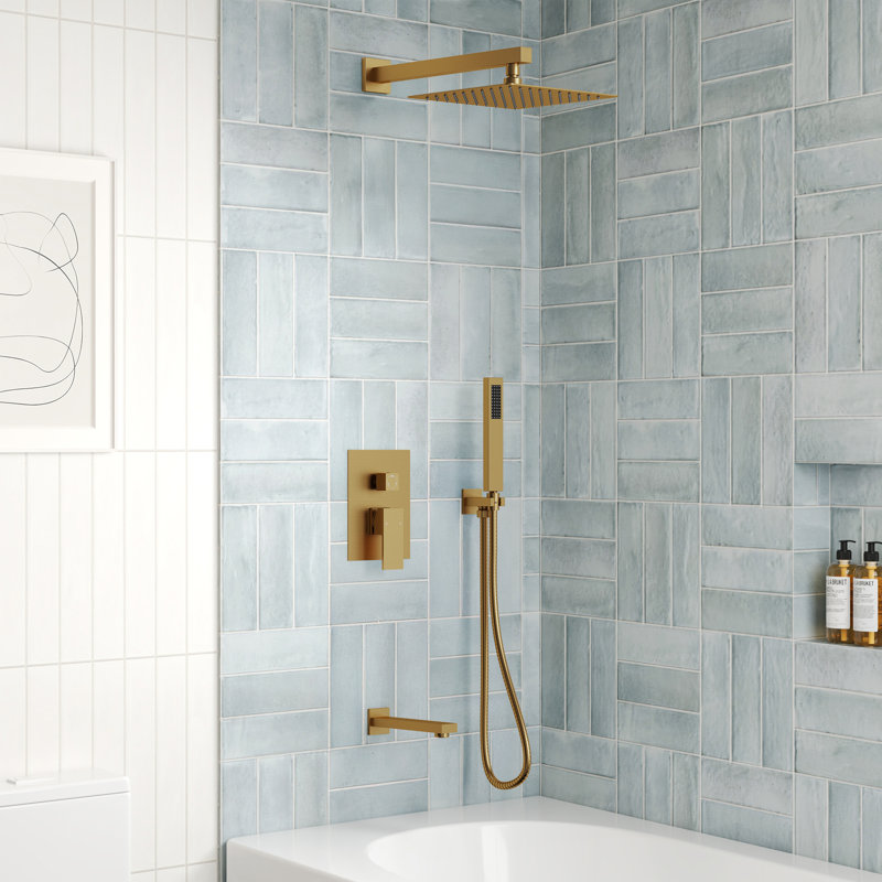 Wall Mount 10" High-Pressure Rainfall Shower System, Tub Shower Faucet Set with Rough-in Valve, Brushed Gold