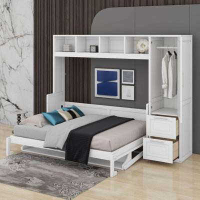 Grand lit escamotable mural avec tiroirs et garde-robe