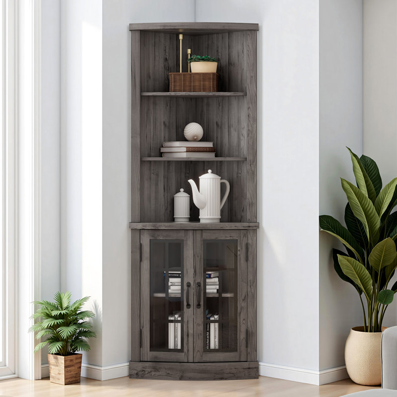 Armoney 65.3" H x 23.8" W 5 Tier Corner Storage Bookcase, Washed Gray, Washed Gray
