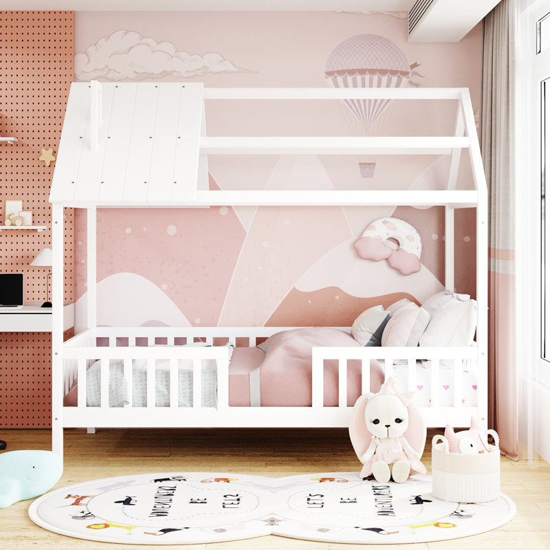 Playhouse Twin Loft Bed With Fence - Solid Pine Wood Frame, White