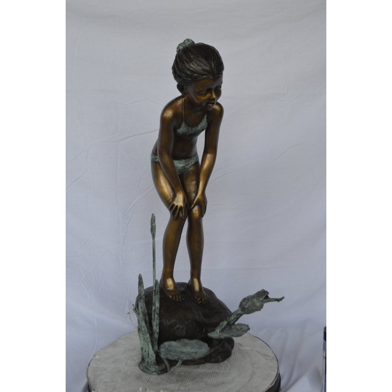Copper and Metal Girl Looking at Frog Jumping Fountain