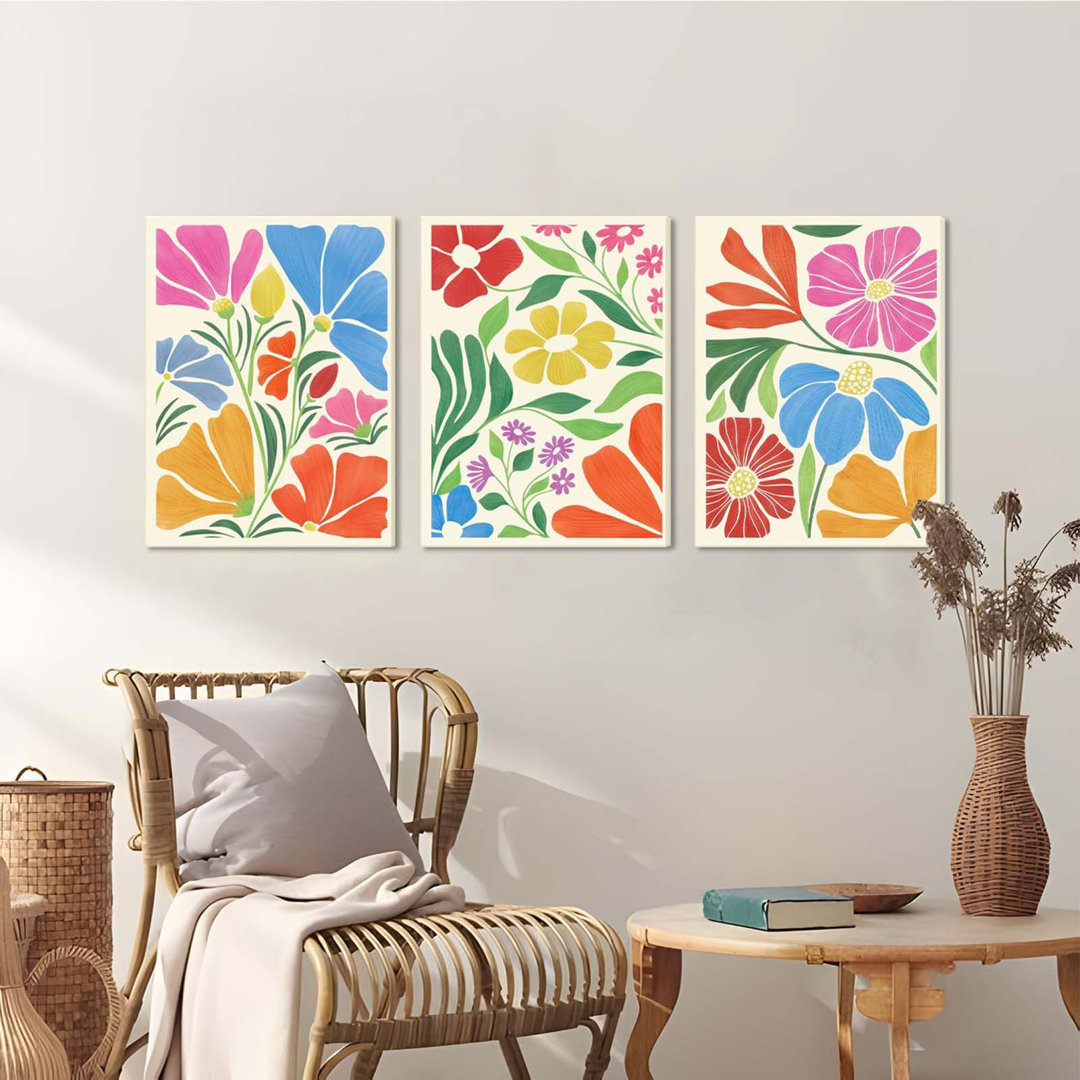 Framed Matisse Colorful Wildflower Wall Art Set Of 3, Vintage Abstract Boho Floral Canvas Poster Print Wall Decor, Suitable For Living Room Dining Roo
