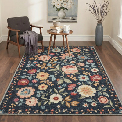 Tapis rouge / vert / bleu lavable à la machine Vintage avec envers antidérapant